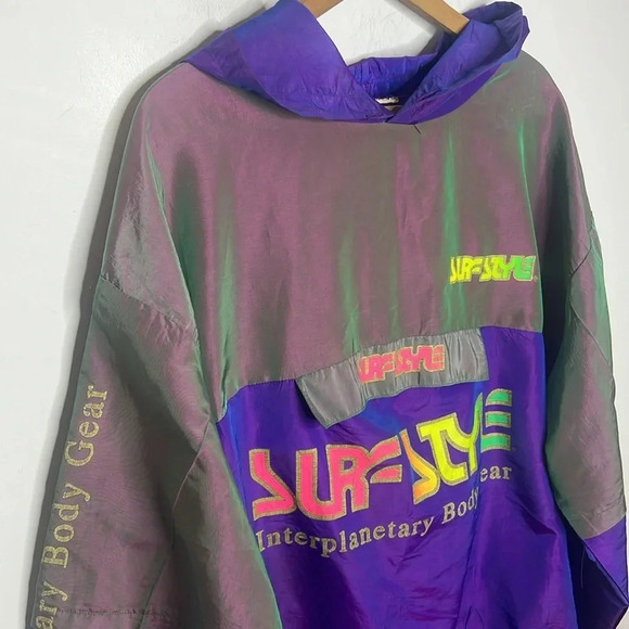 Vintage 90s SURF STYLE Body Gear iridescent hooded windbreaker popover jacket - Picture 4 of 15
